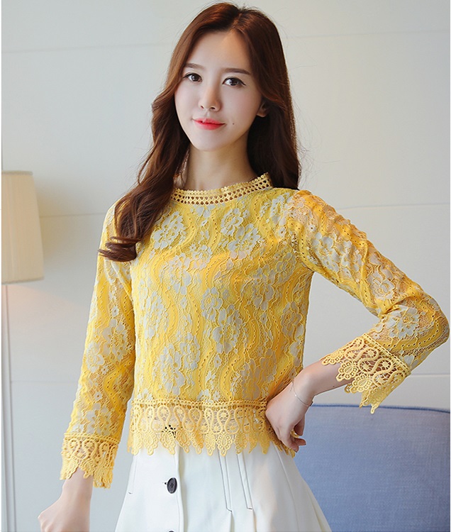เสื้อสีเหลือง ผ้าลูกไม้เนื้อดี แขนยาว ชายปล่อย ส่งฟรี ems