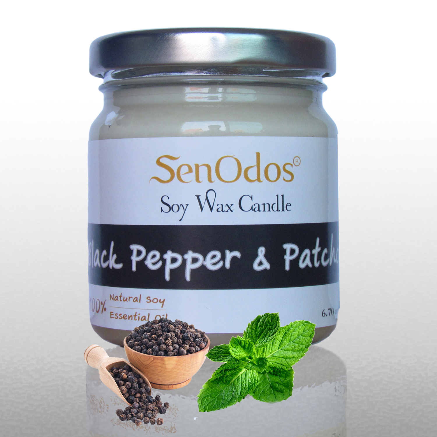SenOdos เทียนหอม อโรม่า เทียนหอมสปา Black Pepper + Patchouli Scented Soy Candle Aroma 190 g - กลิ่นพริกไทยดำ + แพทชูลี่