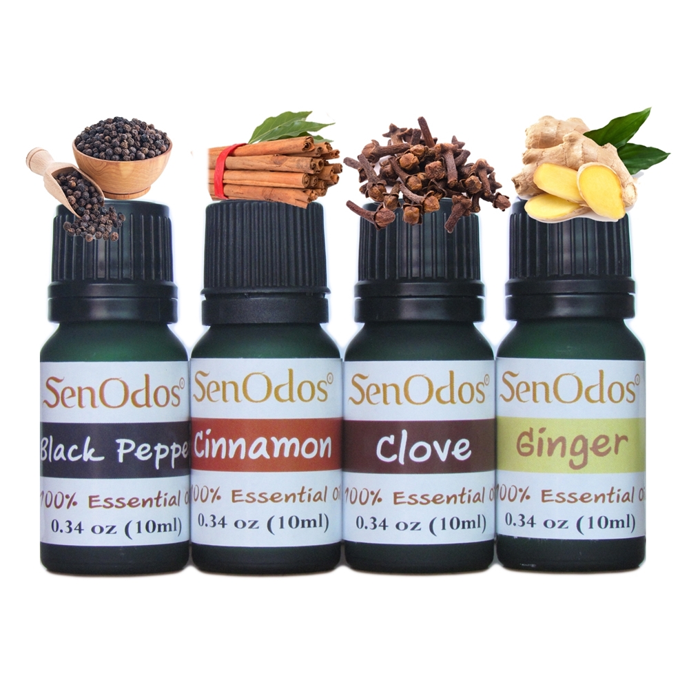 SenOdos ชุดของขวัญ ชุดกิ๊ฟเซ็ท น้ำมันหอมระเหย อโรม่า กลิ่นหอมเผ็ดร้อนตื่นตัว Essential Oil Spicy Attract Set 10ml x 4กลิ่น (พริกไทยดำ/ชินนามอน/โคลฟว/ขิง) บรรจุในกล่องไม้สน รูปทรงเหลี่ยม สวยงาม คุณภาพดี นำเข้าจากนิวซีแลนด์