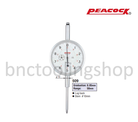 ไดอัลเกจขนาด 50มิล ความละเอียด 0.05มิล,Long Travel Dial Gauges Range 50mm Graduation 0.05mm,Peacock,509