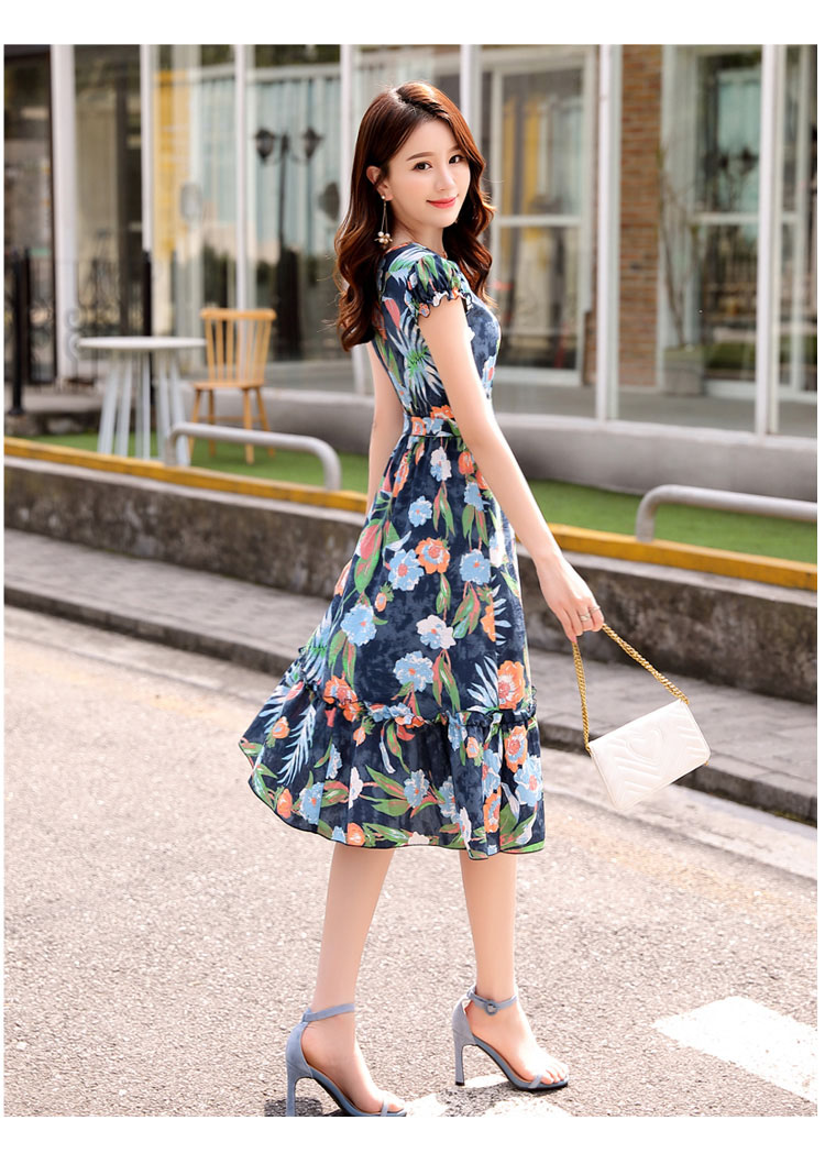 ชุดเดรสใส่ทำงาน ผ้าโพลีเอสเตอร์ผสมเนื้อดี พื้นสีน้ำเงิน พิมพ์ลายดอกไม้ ส่งฟรี ems