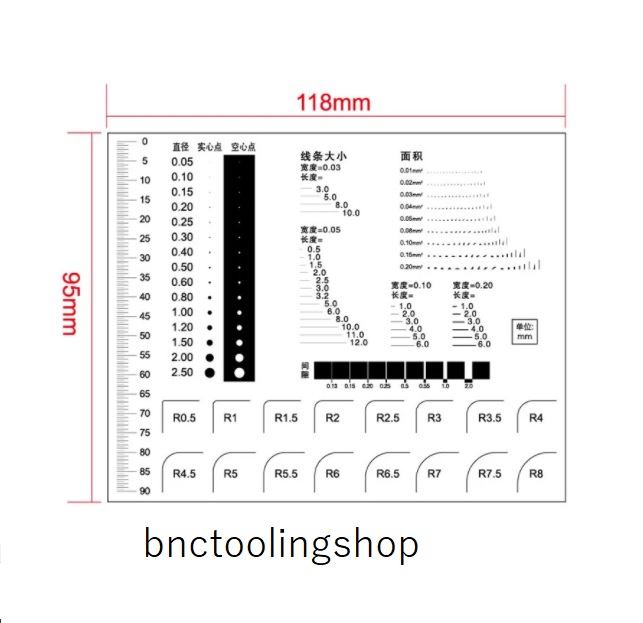 ฟิลม์ใสตรวจสอบงานชนิดจุด เส้น และ รัศมี, Point line gauge Stain card Film caliper Contrast card defect inspection area gauge scratches Rounded lines Size : 118 x 95