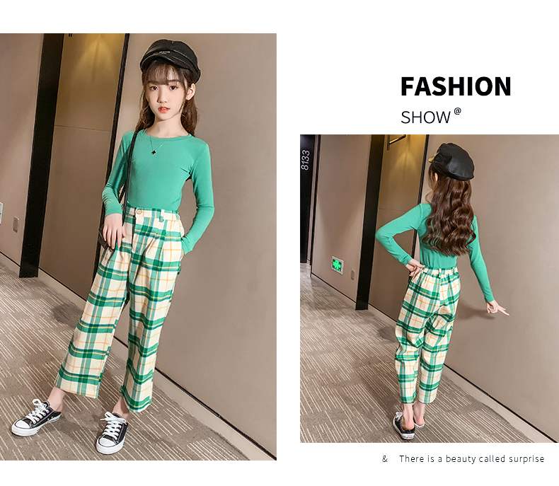 GS09/🧸พร้อมส่ง🧸ชุดเด็กผู้หญิง ชุดเซ็ท 2 ชิ้นเสื้อสีเขียว+กางเกงขายาวลายสก๊อต