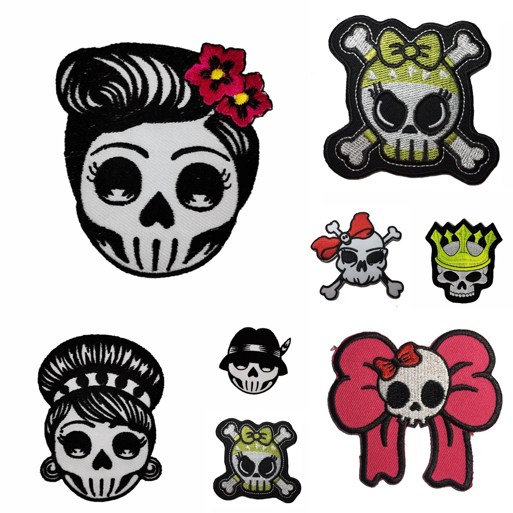 กะโหลก แนวการ์ตูน ตัวรีดติดเสื้อ อาร์มรีด อาร์มปัก ตกแต่งเสื้อผ้า หมวก กระเป๋า แจ๊คเก็ตยีนส์ Dark Embroidered Iron on Patch