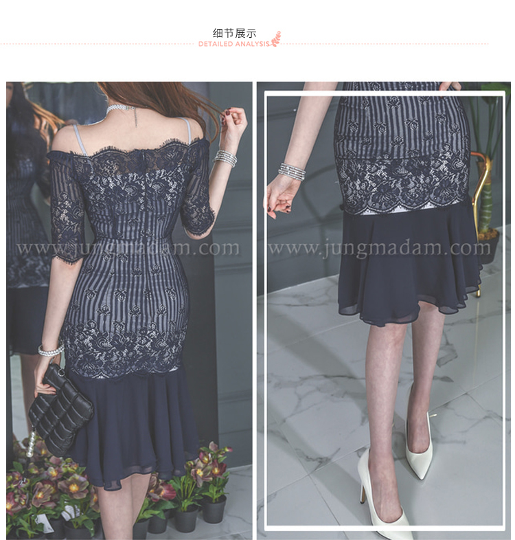 ชุดเดรสสีน้ำเงิน ชุดเดรสออกงาน ผ้าลูกไม้สีน้ำเงิน ส่งฟรี