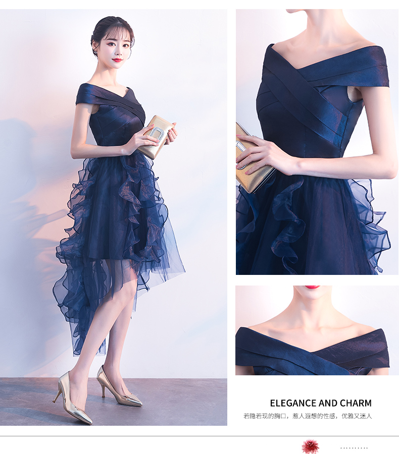 ชุดราตรีสีน้ำเงิน ดีไซน์กระโปรงหน้าสั้นหลังยาว ส่งฟรี