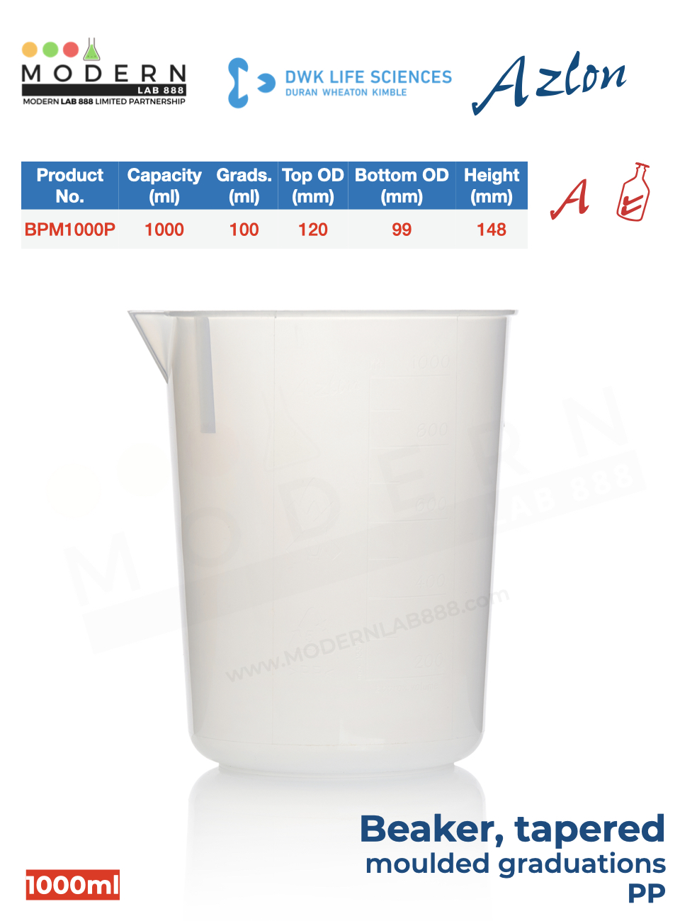 บีกเกอร์ พลาสติก PP แบบสเกลตัวนูน / Beaker, tapered, moulded graduations, PP, "AZLON"