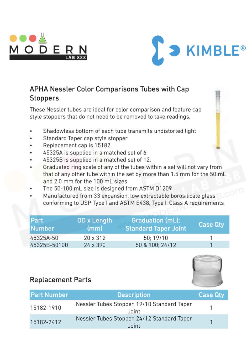 50mL APHA Nessler Color Comparisons Tubes with Cap Stoppers