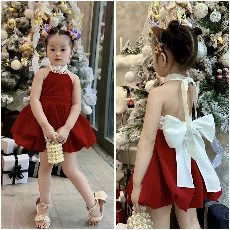 💜พร้อมส่ง F11.17 เดรสบอลลูน กำมะหยี่ เพชร สีแดง