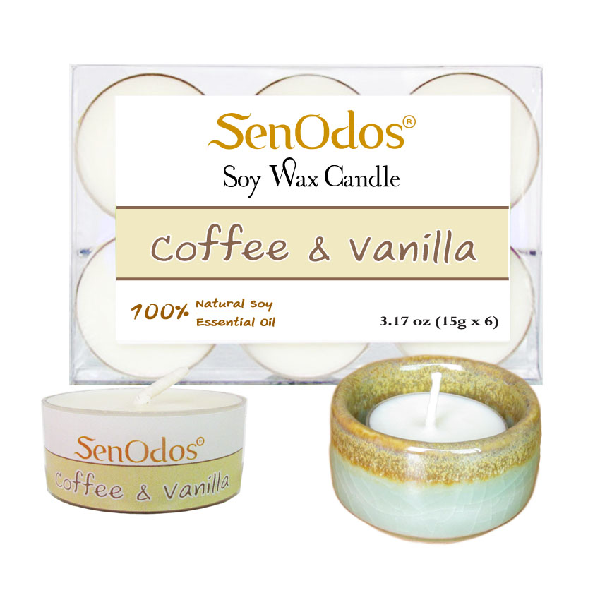 เทียนหอม เทียนทีไลท์ อโรม่า Coffee & Vanilla Tealight Soy Candle Aroma 15g x6 PCS กลิ่นกาแฟ & วานิลลา + เชิงเทียน ที่วางเทียนทีไลท์ ศิลาดล (เซลาดล) สีเขียวหยกขอบทอง