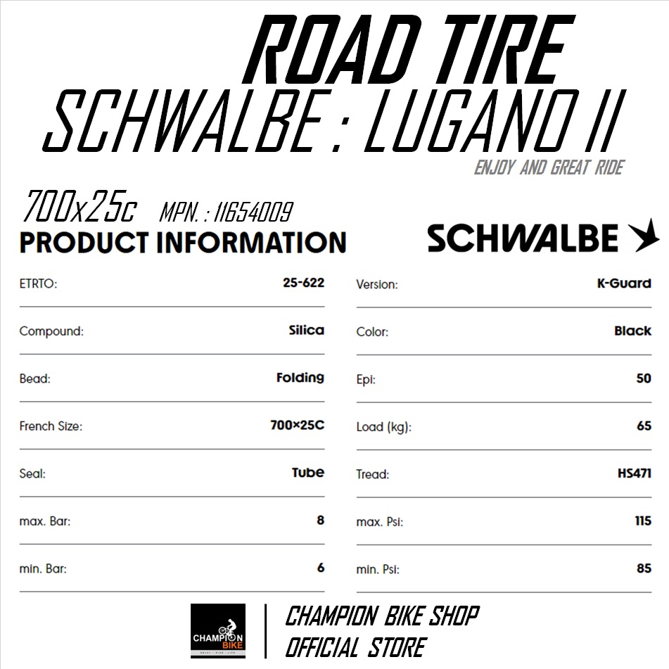 ยางเสือหมอบ700x25 700x28 SCHWALBE : LUGANO II 700x25 700x28 ROAD BIKE TIRE ขอบพับ