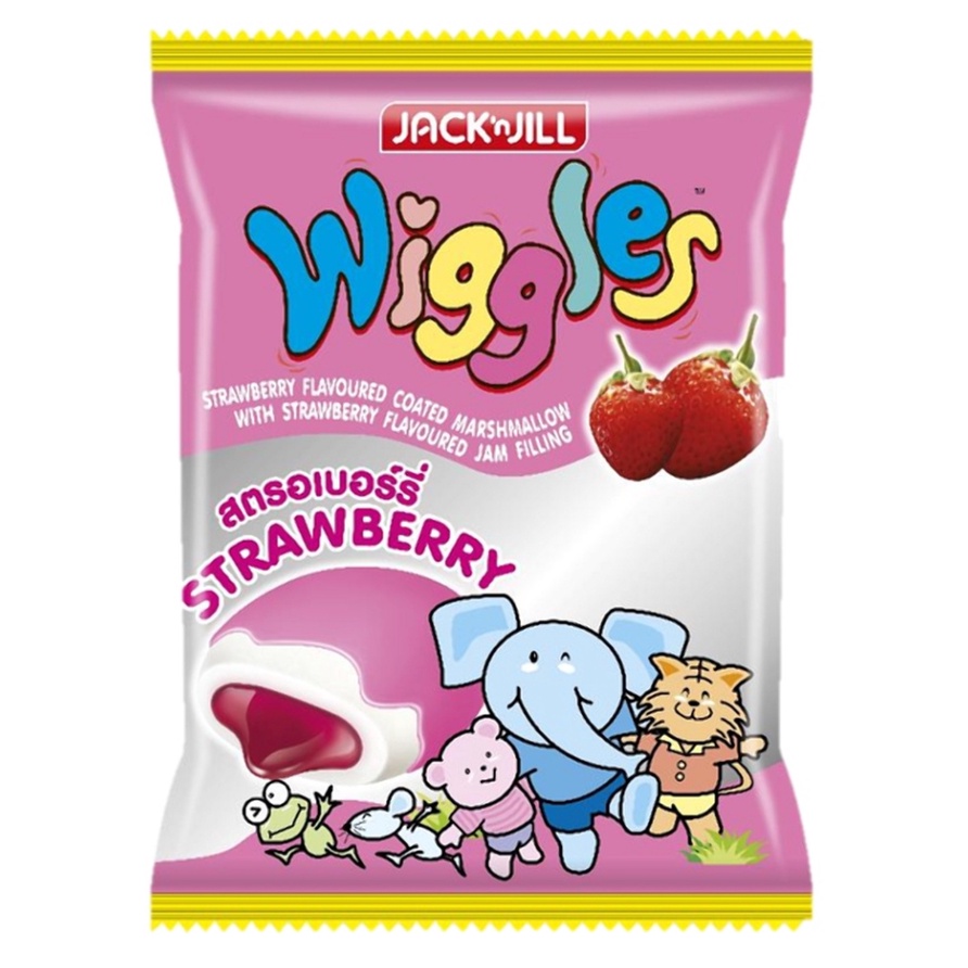 มาร์ชแมลโลว์ Wiggles Jumbo วิกเกิลส์ มาร์ชแมลโลว์เนื้อนุ่มเคลือบสตรอเบอร์รี่ สอดไส้แยมสตรอเบอร์รี่ 1ห่อ 24ซอง