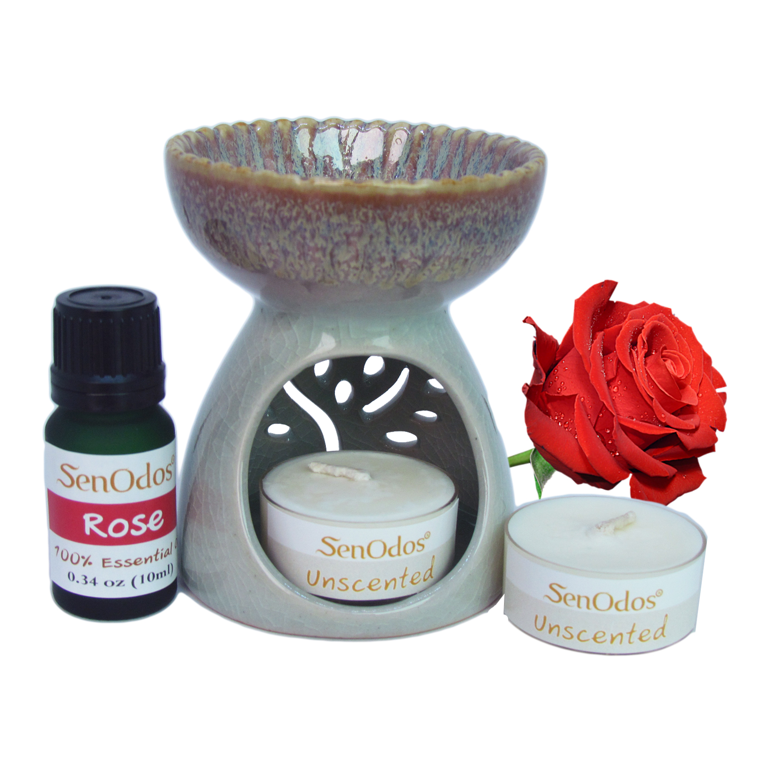 ชุดเซ็ตน้ำมันพร้อมเตาเผา (กลิ่นกุหลาบ) 10 ml. + เตาเผาน้ำมันหอมระเหย เซรามิค เครื่องปั้นดินเผา เนื้อศิลาดล สีเขียวหยก ลวดลายใบมะกอก และลายน้ำไหลหลากสีสวยงาม (แถมฟรี!! เทียนไขถั่วเหลืองบริสุทธิ์ 15 g. X 2 ชิ้น ราคา 120 บาท)