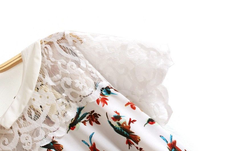 ชุดเดรสผ้าชีฟองเนื้อทรายพื้นขาวลายนกน้อย ส่งฟรี ems