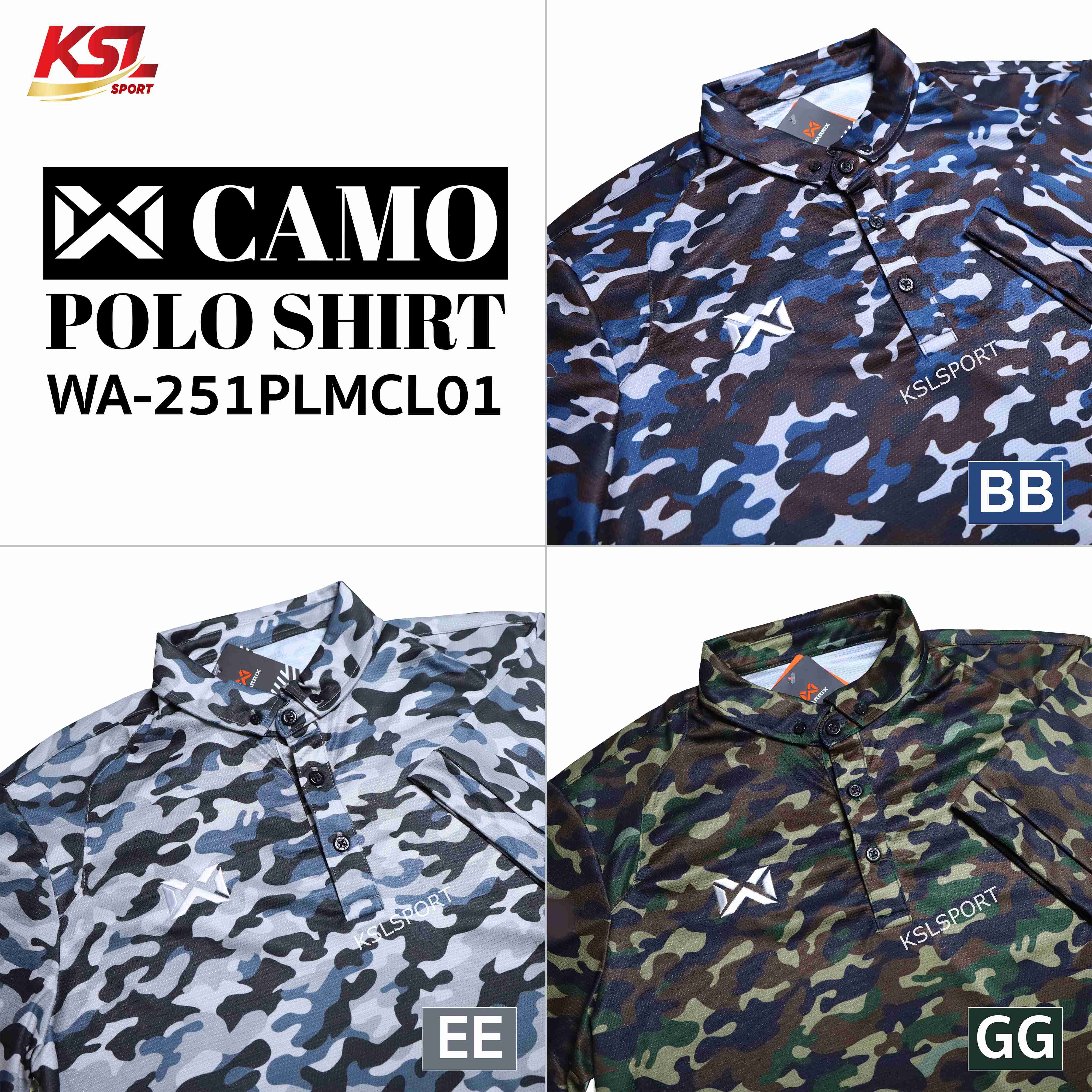 WARRIX เสื้อโปโล ลายพราง เสื้อคอปก CAMO รุ่น WA-251PLMCL01 เบา สบาย ระบายอากาศได้ดี - สีเขียว/เทา/น้ำเงิน