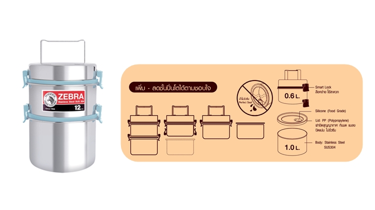 ปิ่นโต Smart Lock II ขนาด 12 ซม. 2 ชั้น ทรงสูง ตราหัวม้าลาย