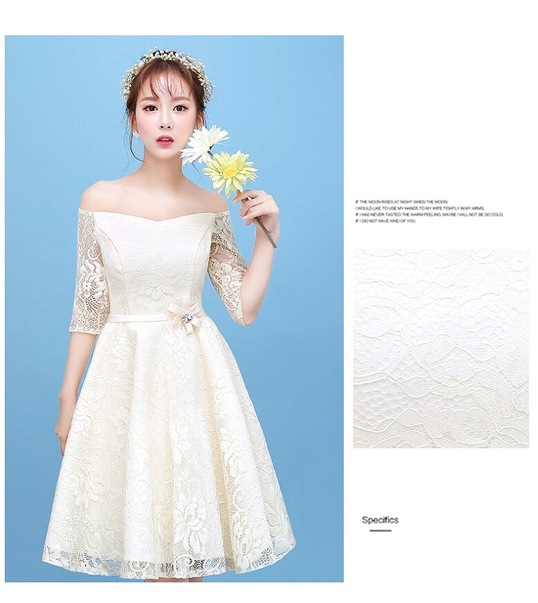 ชุดราตรีสั้น ชุดผ้าลูกไม้เนื้อดีสีครีม เปิดไหล่ แขนยาว สามส่วน ส่งฟรี ems