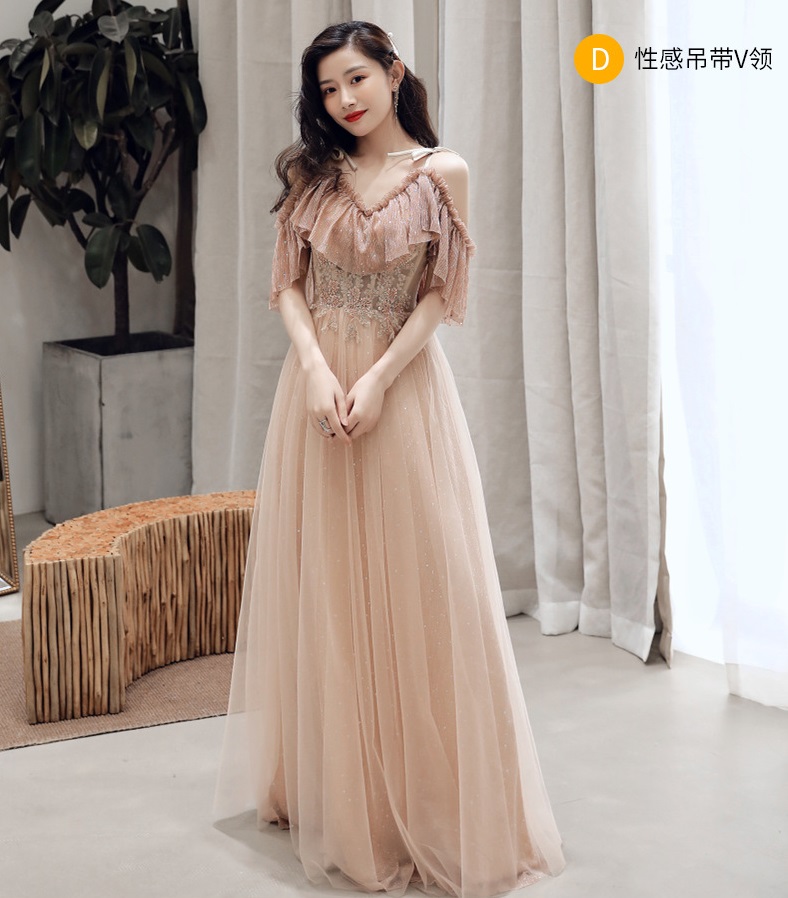 ชุดราตรียาว ชุดเดรสออกงานยาวสวยหรู สีน้ำตาลทอง ส่งฟรี ems