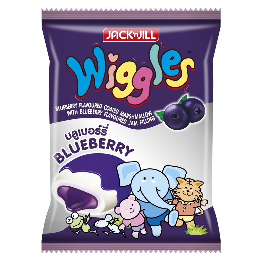 มาร์ชแมลโลว์ Wiggles Jumbo วิกเกิลส์ มาร์ชแมลโลว์เนื้อนุ่มเคลือบบลูเบอร์รี่ สอดไส้แยมบลูเบอร์รี่ 1ห่อ 24ซอง