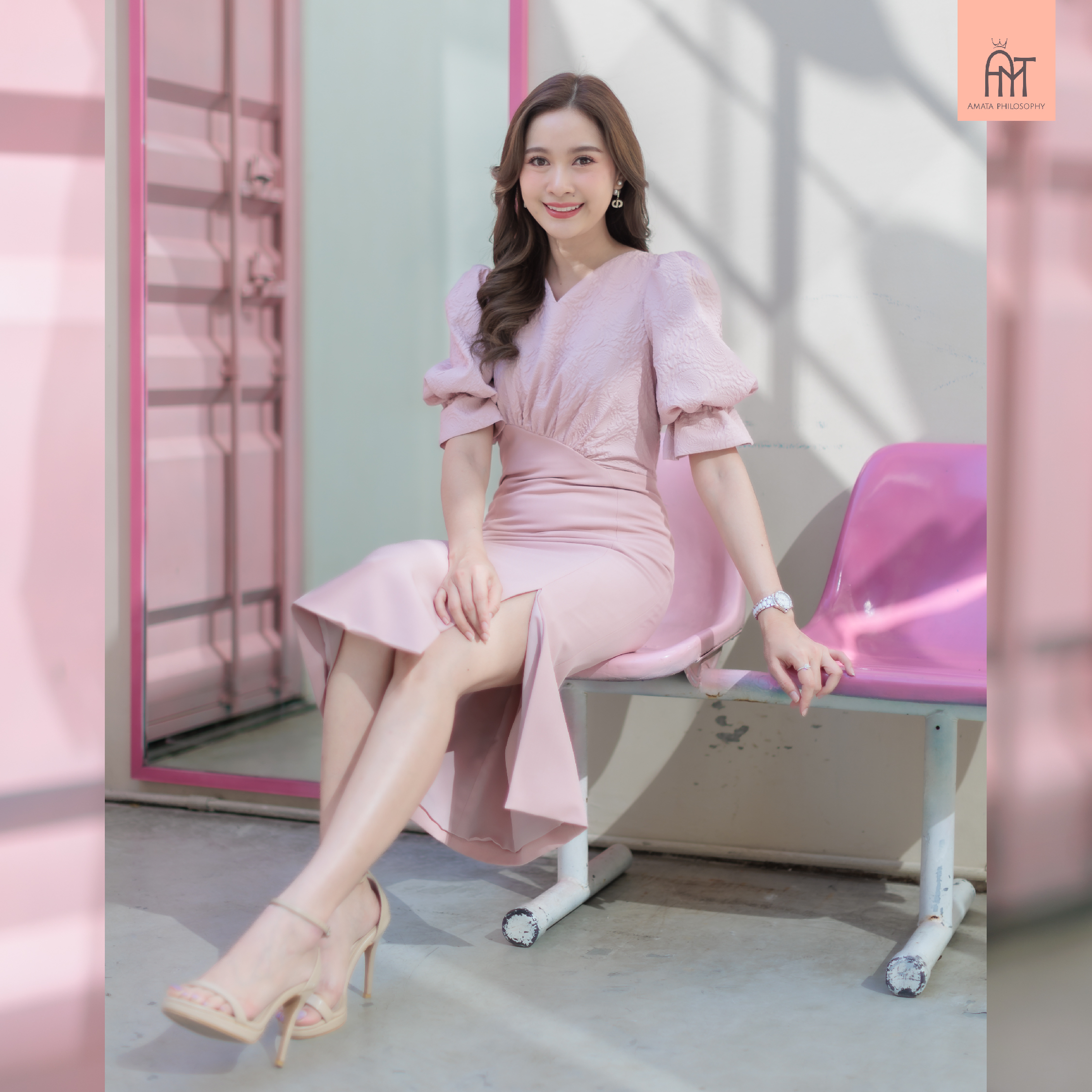 AMATA เดรส MELBOURNE สีชมพู สีเทา