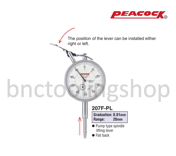 ไดอัลเกจขนาด 20มิล ความละเอียด 0.01มิล,Long Travel Dial Gauges Range 20mm Graduation 0.01mm,Peacock,207F-PL
