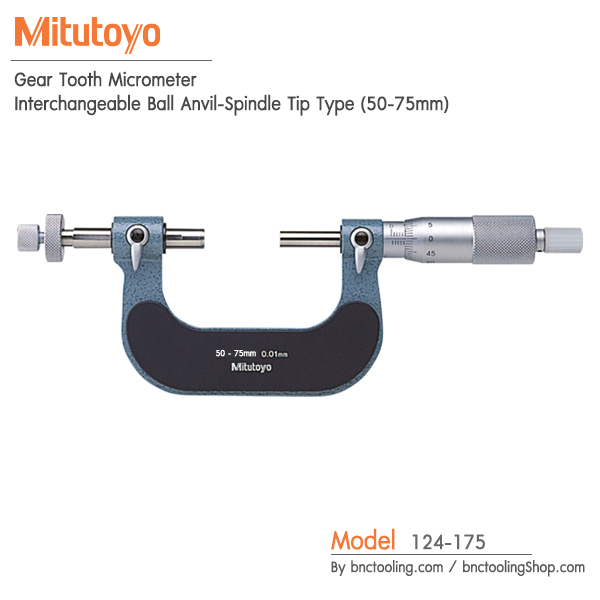 Mitutoyo,Gear Tooth Micrometer - Interchangeable Ball Anvil-Spindle Tip Type (50-75mm),124-175