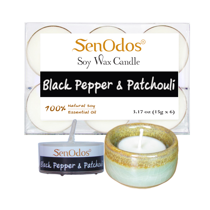 เทียนหอม เทียนทีไลท์ อโรม่า Black Pepper + Patchouli Tealight Soy Candle Aroma 15g x6 PCS กลิ่นพริกไทยดำ + แพทชูลี่ + เชิงเทียน ที่วางเทียนทีไลท์ ศิลาดล (เซลาดล) สีเขียวหยกขอบทอง