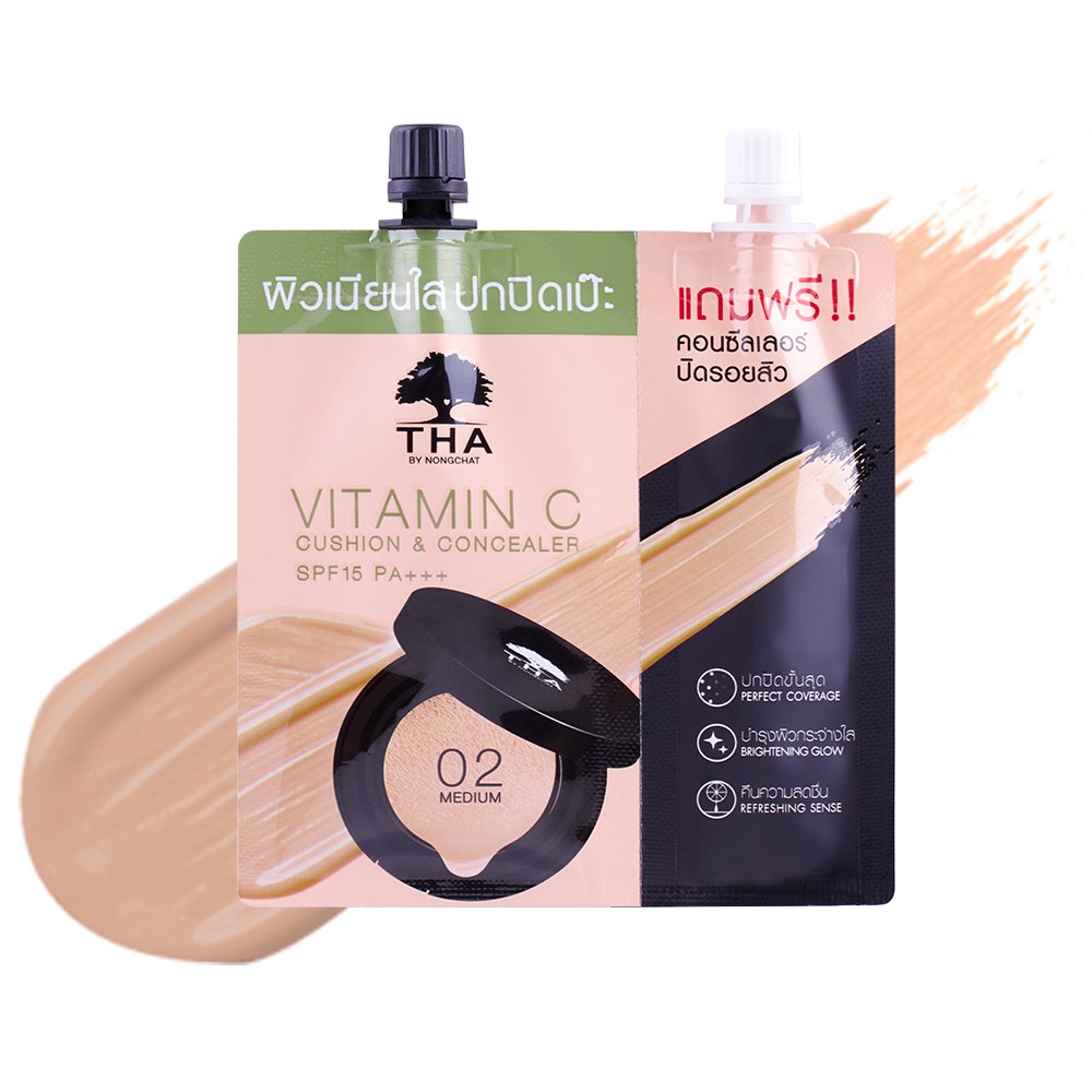 THA By Nongchat Vitamin C Cushion & Concealer SPF15 PA+++ #01 Light Beige ฑาบายน้องฉัตร วิตามิน ซี คูชั่น แอนด์ คอนซีลเลอร์ SPF15 PA+++ สี 01 Light Beige คูชั่นและคอนซีลเลอร์ 2 in 1 รวมไว้ในซองเดียว