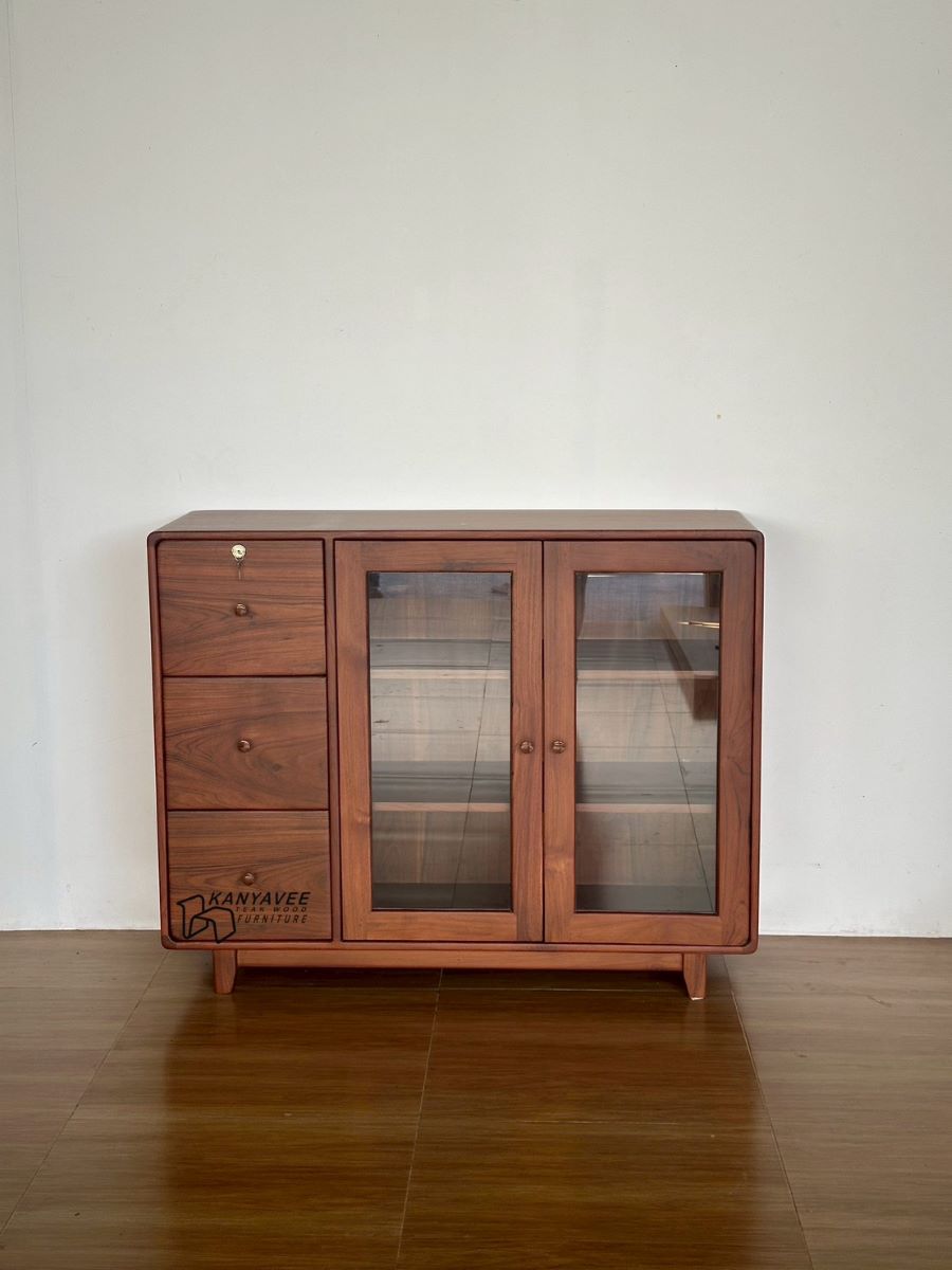 ตู้โชว์เก็บของไม้สัก สีวอลนัท พร้อมที่ล็อค
