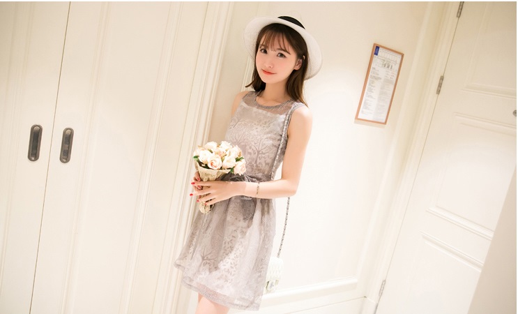 ชุดเดรสสีเทาแขนกุด ส่งฟรี ems