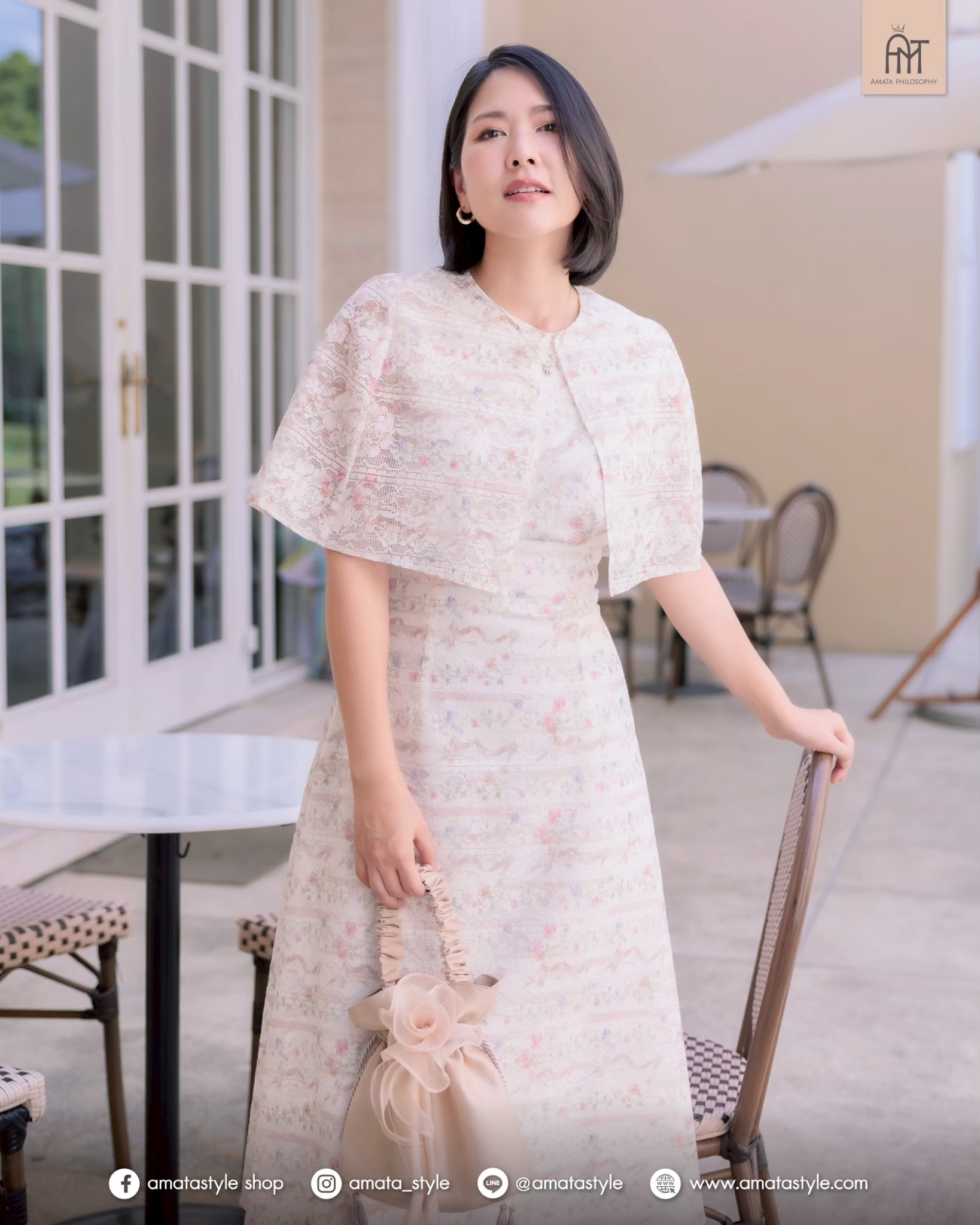 AMATA เดรส TWINNING สีชมพู และ ครีม