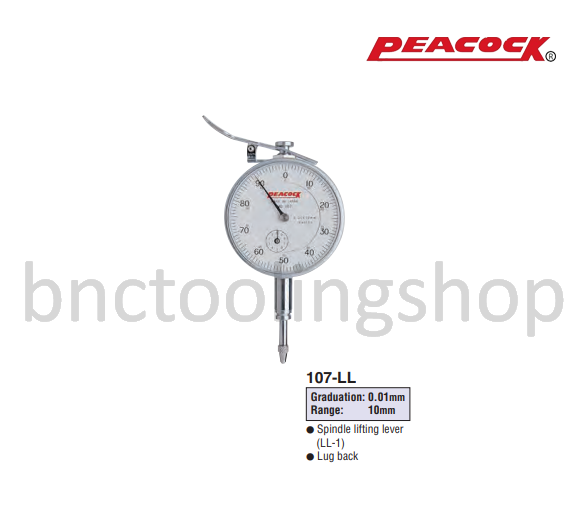 ไดอัลเกจขนาด 10มิล ความละเอียด 0.01มิล,Standard Dial Gauges Range 10mm Graduation 0.01mm,Peacock,107-LL