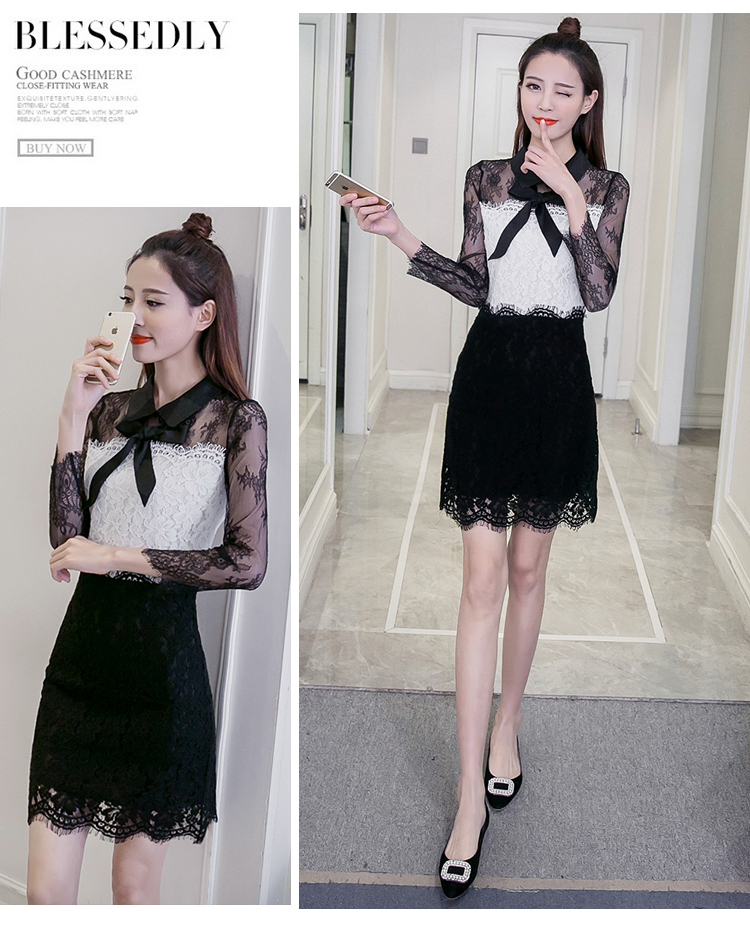 ชุดเดรสผ้าลูกไม้เนื้อดีตัวเสื้อสีขาว แขนเสื้อและกระโปรงผ้าลูกไม้สีดำ ส่งฟรี ems