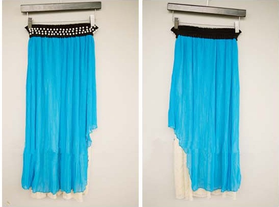 กระโปรงผ้าชีฟองอัดพลีตสีน้ำเงิน แต่งด้านข้างเก๋ๆๆด้วยผ้าลูกกไม้สีขาว ส่งฟรี ems