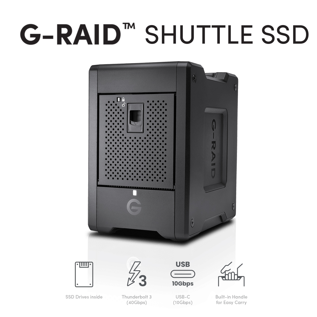 G-RAID SHUTTLE SSD 8TB ,16TB, 32TB (SDPS24H) Transportable, 8-bay External Solid State Drive; Thunderbolt 3 and USB-C; hardware RAID; up to 2800MB/s read SanDisk Professional