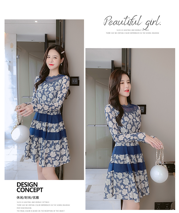 ชุดเดรสสีน้ำเงิน ผ้าลูกไม้เนื้อดี พื้นสีน้ำเงิน ทอลายดอกไม้สีครีม แขนยาว ส่งฟรี