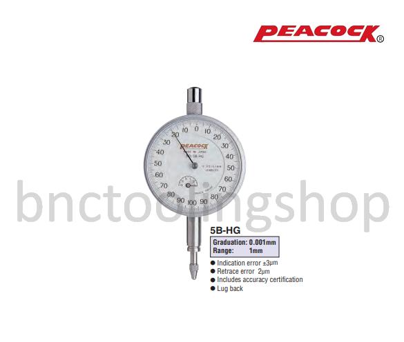 ไดอัลเกจขนาด 1มิล ความละเอียด 0.001มิล,Standard Dial Gauges Range 1mm Graduation 0.001mm,Peacock,5B-HG