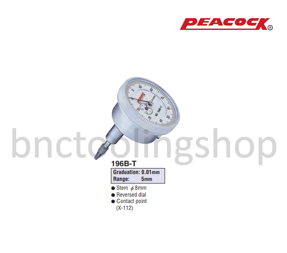 ไดอัลเกจ ขนาด 5มิล ความละเอียด 0.01มิล,Back plunger type Dial Gauges Range 5mm Graduation 0.01mm,Peacock,196B-T
