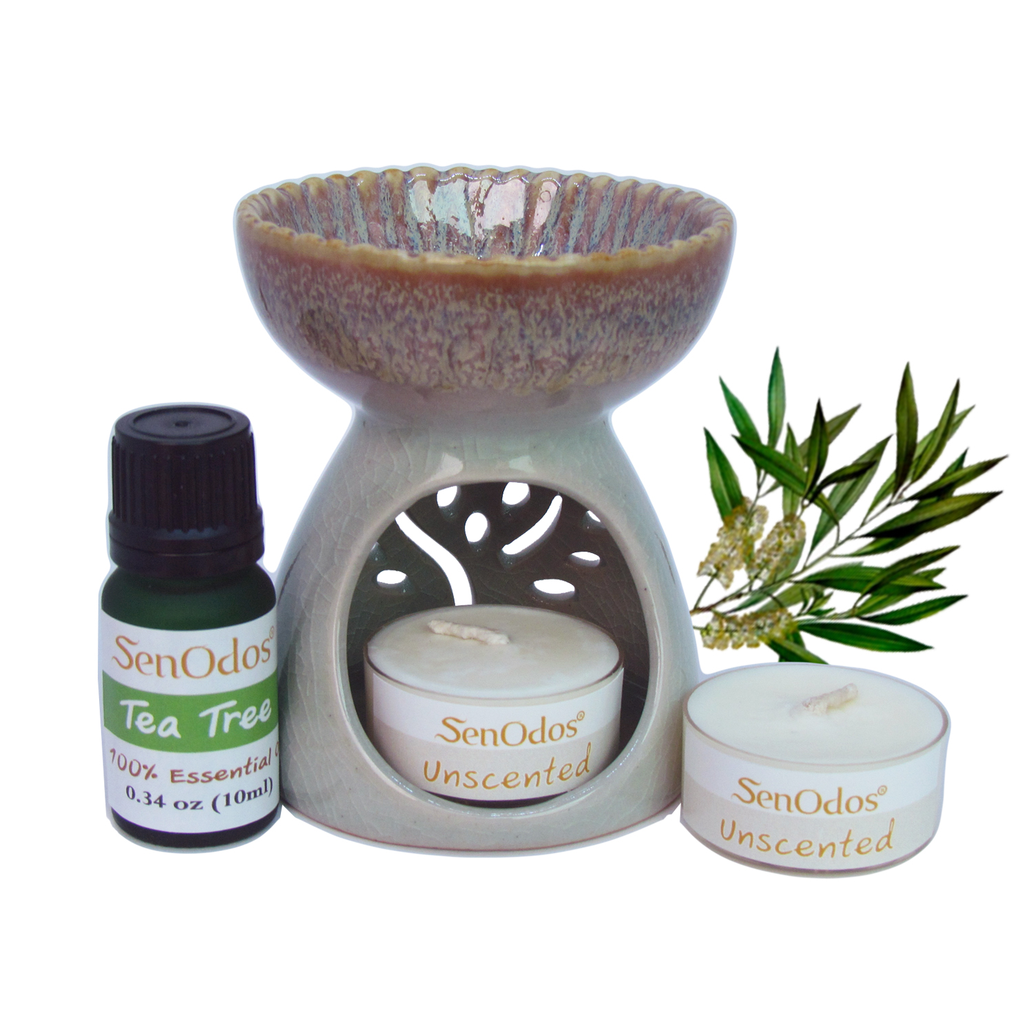 SenOdos ชุด เตาเผา น้ำมันหอมระเหย เซรามิค เครื่องปั้นดินเผา เนื้อศิลาดล สีเขียวหยก + น้ำมันหอมระเหยแท้ กลิ่นทีทรีออยล์ 10 ml. (แถมฟรี!! เทียนไขถั่วเหลืองบริสุทธิ์ 15 g. X 2 ชิ้น ราคา 120 บาท) บรรจุใน กล่องไม้สน รูปทรงเหลี่ยม สวยงาม คุณภาพดี นำเข้าจากนิวซี