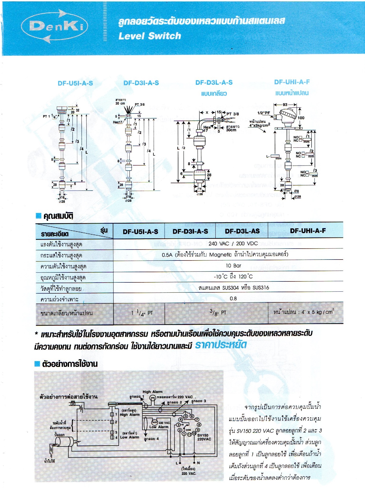 ลูกลอยวัดระดับของเหลวแบบก้านสแตนเลส,Level Switch,Denki,DF-D3L-A-S