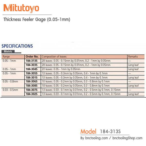 Mitutoyo,Thickness Feeler Gage (0.05-1mm),184-313S