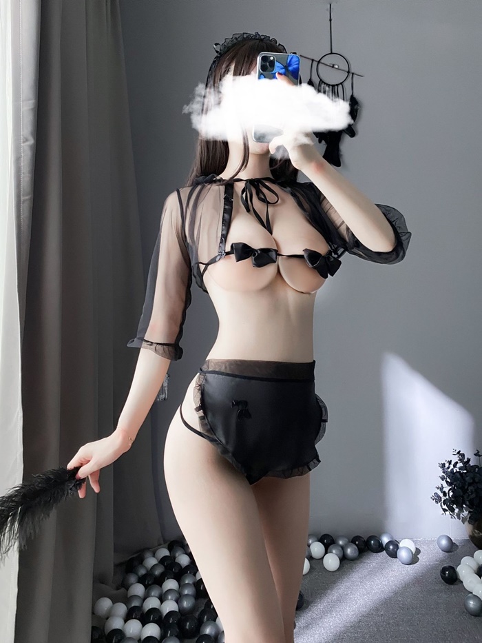 C5021 ชุดสาวใช้ ชุดเมดเซ็กซี่มาในแบบเซต5ชิ้นประกอบด้วย เสื้อคลุมแขน5ส่วนเป็นผ้าซีทรูสวมใส่แบบผูกที่คอด้านหน้า ชุดชั้นในโบว์แบบผูกหลัง จีสตริง ผ้ากันเปื้อนและที่คาดผมตามรูปถ่ายสินค้าจริงเลยค่ะ ***ไม่มีถุงน่อง