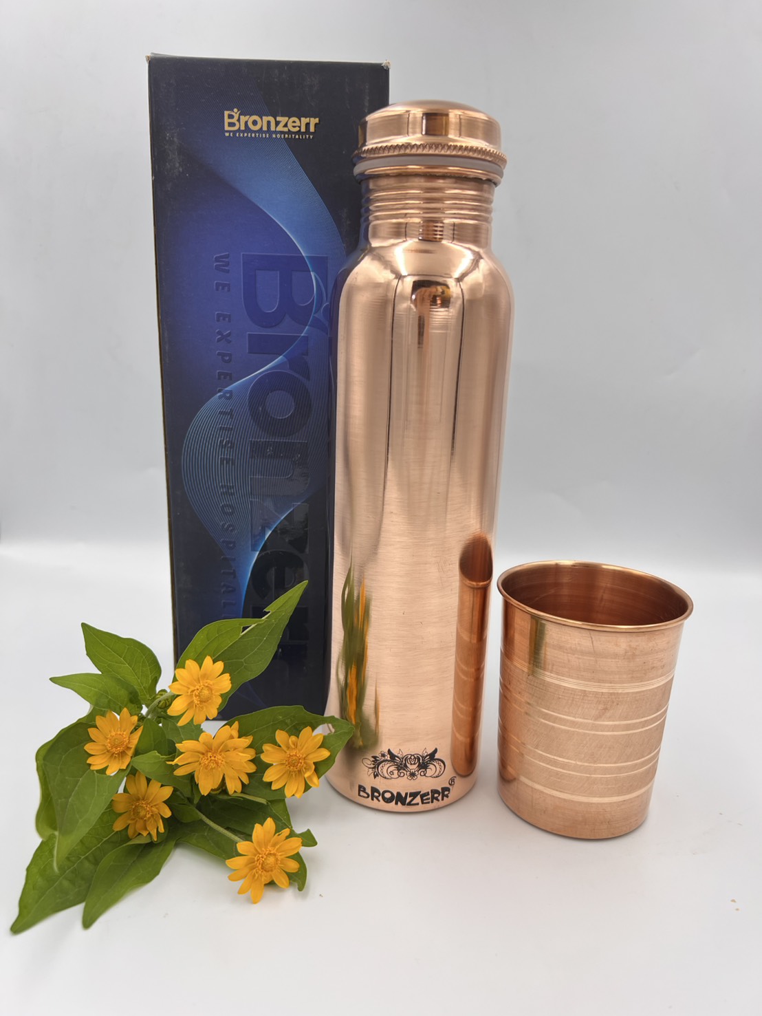 ขวดทองแดงแท้ 1ลิตร+แก้ว ขวดทองแดงอินเดีย แบรนด์แท้Bronzerr