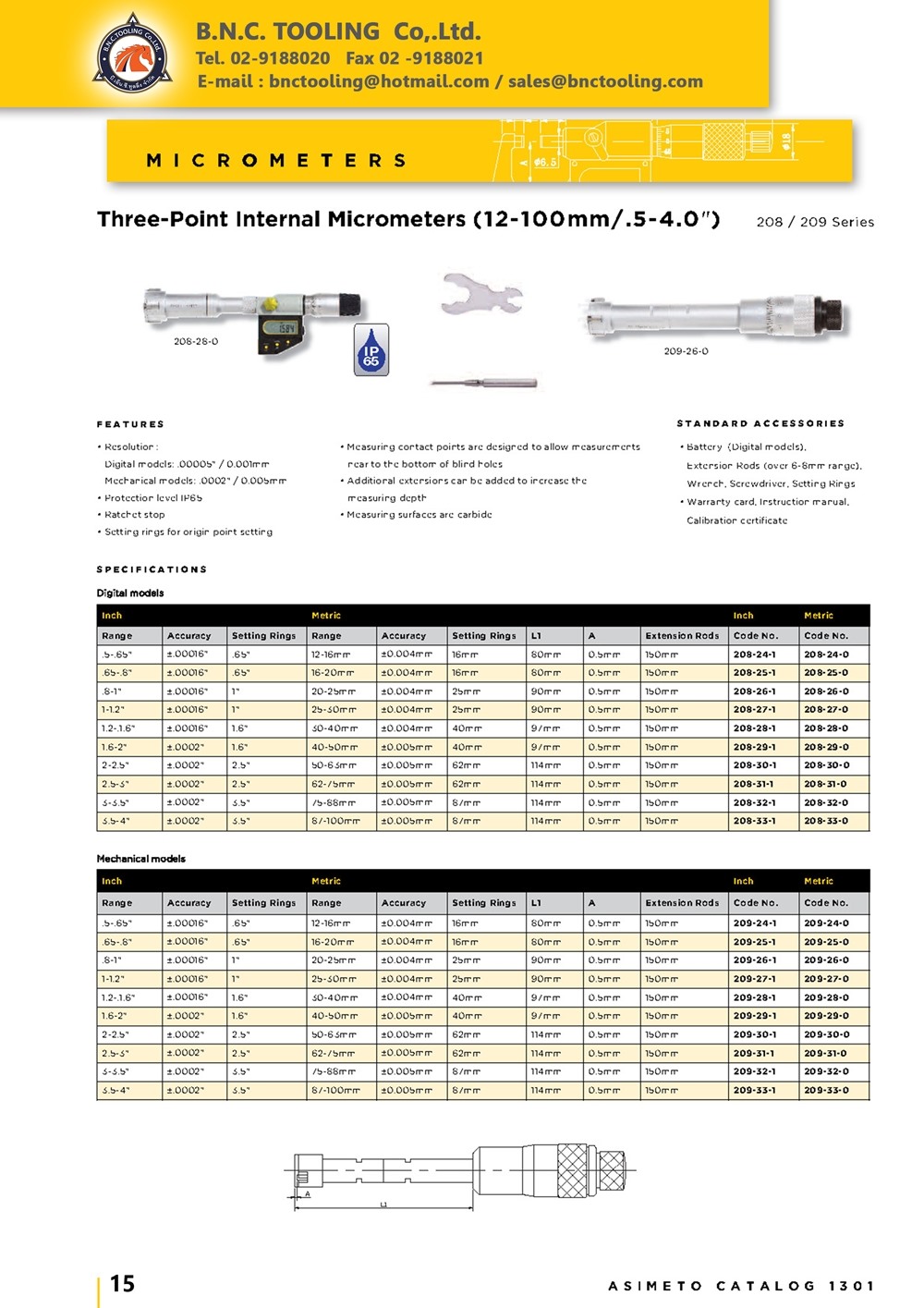 ASIMETO,P15,Two and Three Point Internal Micrometer (12-100mm/.5-4.0"),208-24-0