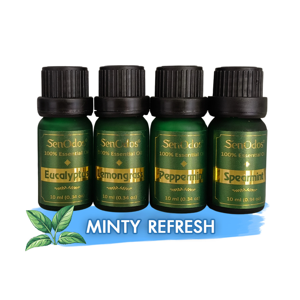 SenOdos น้ำมันหอมระเหย น้ำมันหอมอโรม่า กลิ่นหอมมินต์สดชื่น (Minty Refresh Set) - Essential Oil 10ml x 4กลิ่น(ยูคาลิปตัส,เปปเปอร์มินต์,สเปียร์มินต์และตะไคร้)