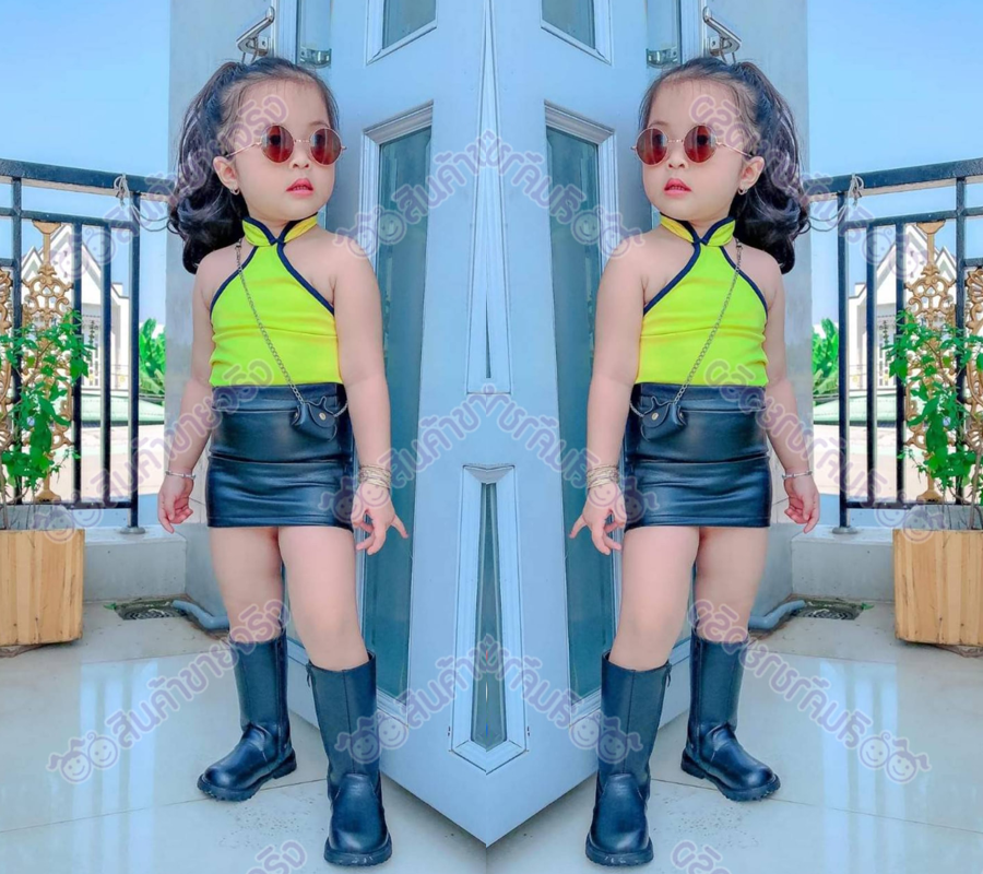 KS15/💜พร้อมส่ง💜ชุดเด็กผู้หญิง เสื้อคล้องคอเขียว+กระโปรงหนัง