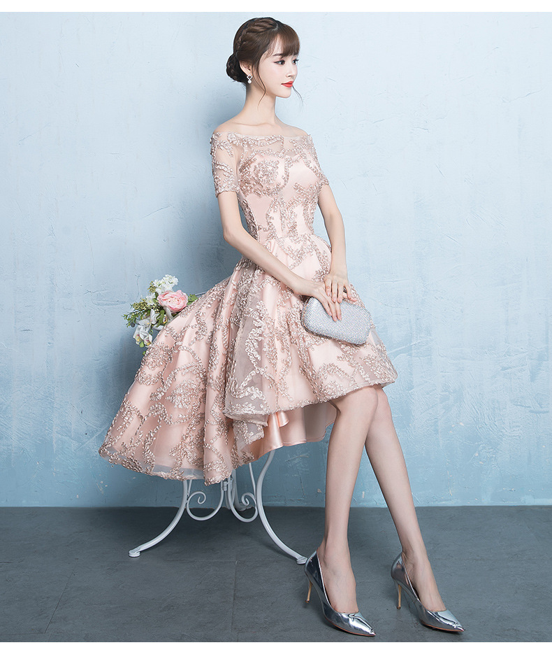 ชุดเดรสออกงานสีโกลด์แชมเปญ ดีไซน์เปิดไหล่ ปิดต้นแขน กระโปรงหน้าสั้นหลังยาว ส่งฟรี