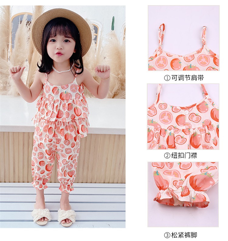 GS07/🧸พร้อมส่ง🧸ชุดเด็กผู้หญิง เซท2ชิ้นเสื้อสายเดี่ยวพร้อมกางเกง มะเขือเทศ