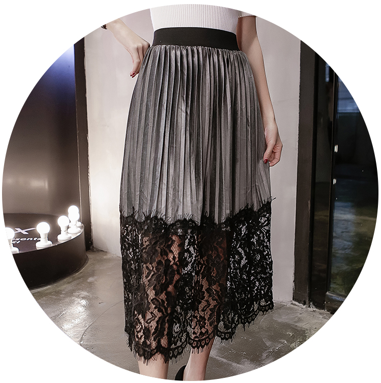 กระโปรงผ้ากำมะหยี่เนื้อนุ่มสีเทาอัดพลีต ส่งฟรี ems