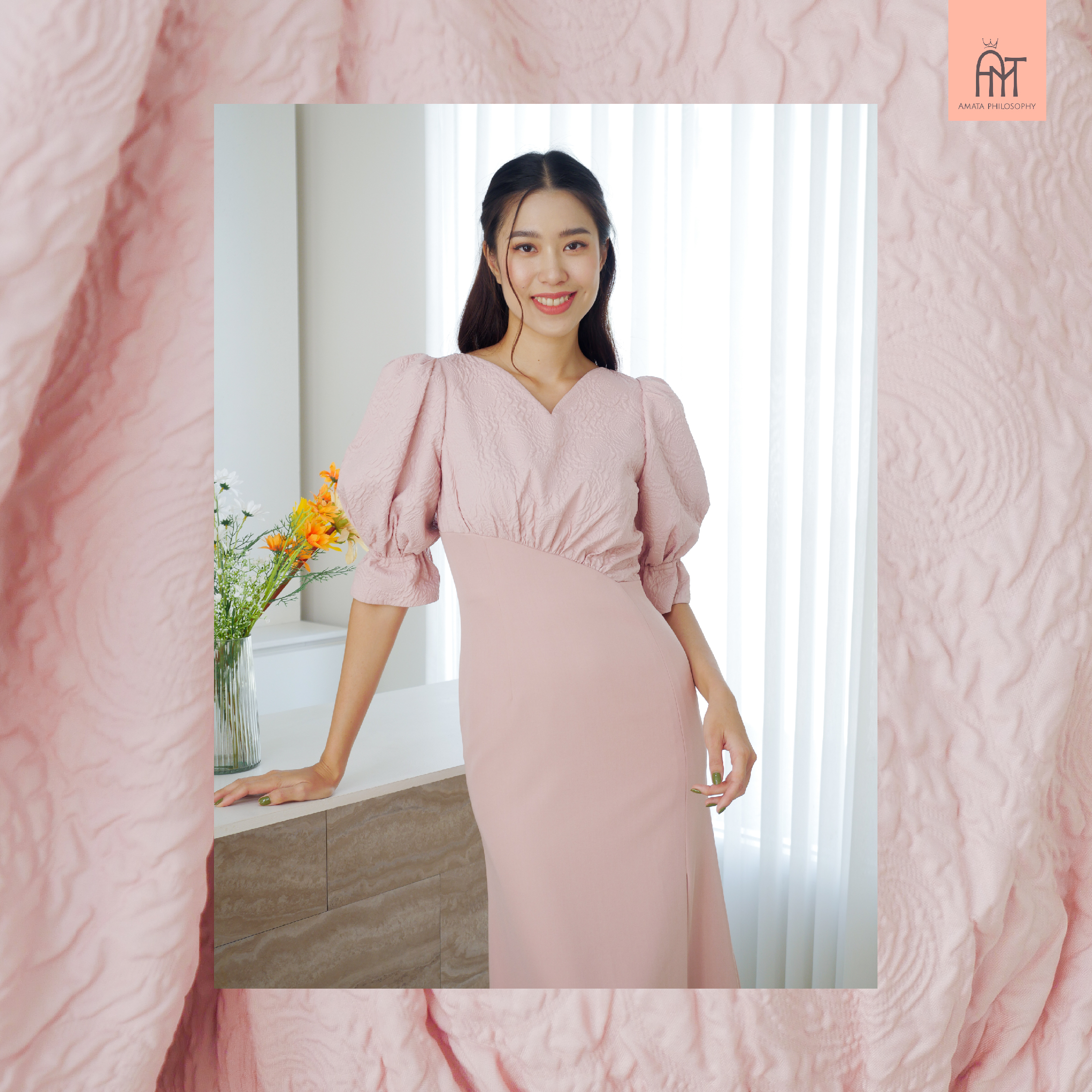 AMATA เดรส MELBOURNE สีชมพู สีเทา